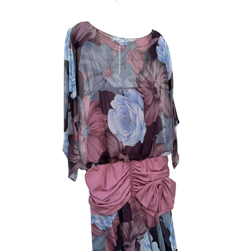 Floral Asymmetric Draped Bow Dress 16 VTG 80s Sheer Purple Blue Ruched Maiello - Picture 2 of 7